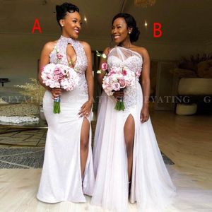 Nieuwe sexy Afrikaanse zeemeermin bruidsmeisje jurken Appliques kralen Keyhole Side Split Split Lace Tule bruiloft Gast van honorjury