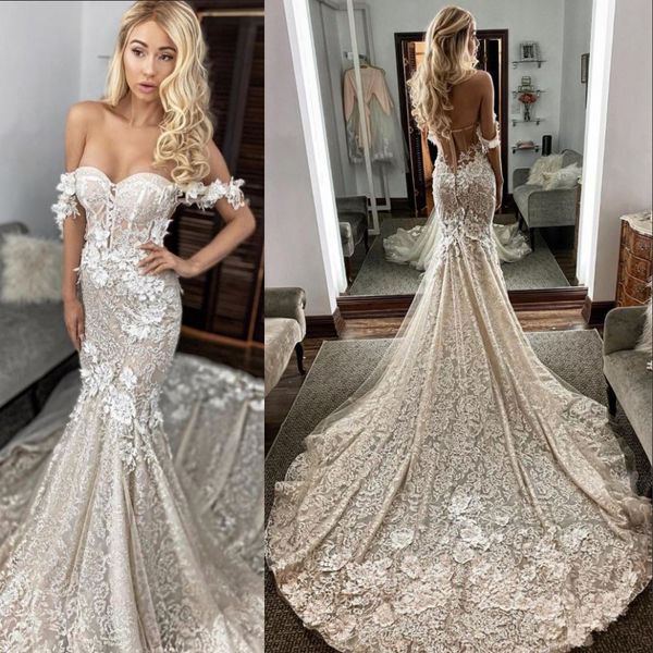 Nouveau champagne arabe sexy robes de mariée de sirène nude de l'épaule appliquée en dentelle complète fleurs ouverte plus taille plus forme de robes nuptiales formelles 403