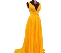 NOUVEAUX SEXY Backless A Line Prom Robes Vibrant Yellow Murffon Pleas Long Women Prom Robe Vestido de Festa Party Party Wear G3349203