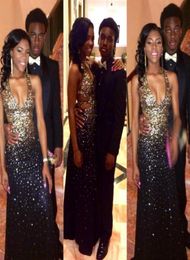 Nieuwe sexy backless Black Girl Prom Dresses Mermaid Style 2019 With Golden Beadings Sequins Girls African Party Jurken Evening Wear8033071