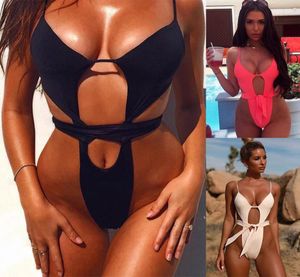 Nieuwe sexy backless Hollow Out Bandage Beaks One Piece Thong Swimwear Swimsuit voor vrouwen SXL Black White Red5631435