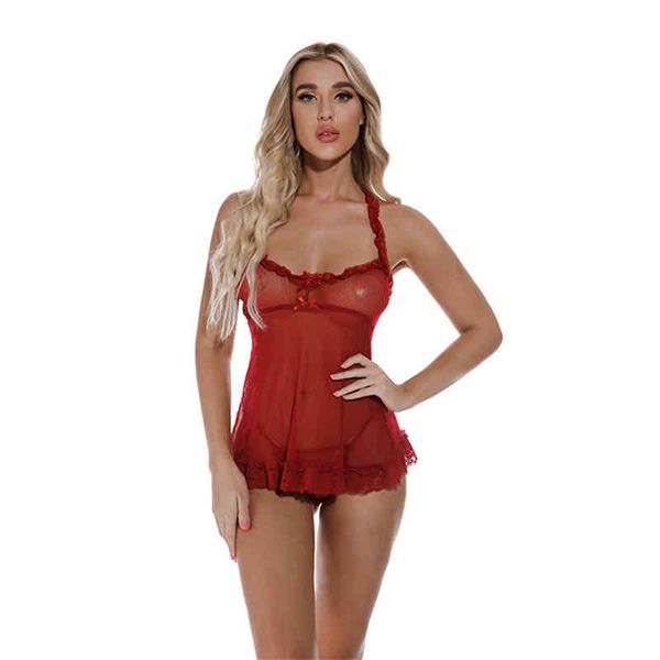 Nouveau Sexy Dos Nu Sous-Vêtements Femmes Dentelle Pyjamas Sexy Bretelles Chemise De Nuit String Perspective Pyjamas 211208