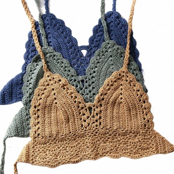 Nuevo Sexy Bikini Crop Top Mujeres Crochet Boho Beach Camisoles Bikini Bralette Halter Cami Sujetador de punto Backl Beachwear Tank Top 36uI #