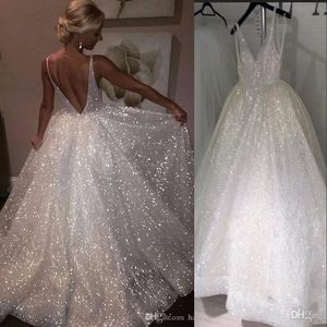 Nouveau Sexy Bling Paillettes Robe De Bal Robes De Mariée Col En V Profond Robes De Mariée Etage Longueur Une Ligne Dos Nu Paillettes Personnalisées Robe De Mariée Blanche