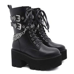 Nouvelle chaîne sexy en cuir pour femmes printemps bottes d'automne talon épais gothique noir style punk chaussures de plate-forme chaussures pour femmes de haute qualité Y0914