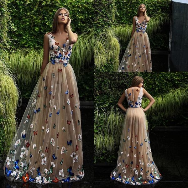 Nuevo Sexy Champagne Flores de mariposa Vestidos de baile Cuello en V profundo Vestidos de noche largos Usar botones cubiertos transparentes Volver Vestido de fiesta formal personalizado