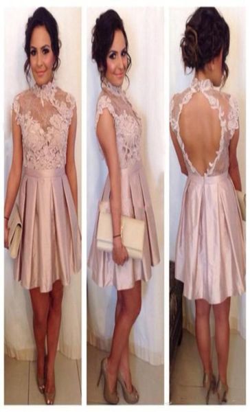 Nouvelles robes de cocktails bon marché bon marché High Neck Illusion Appliques en dentelle courte Mini Back Back Homecoming Robe Blush Pink Party Robes Ves9269436