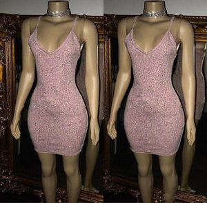 Nieuwe sexy cocktail jurken spaghetti riemen schede kleine roze lovertjes mini short party draagt ​​homecoming prom jurken club jurk