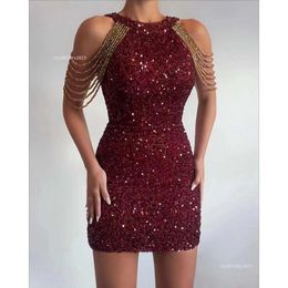 Novo vestido sexy moda pendurado pescoço cristal borla envoltório hip europeu e americano lantejoulas meados de cintura vestido de noite o presente marca para baixo jaqueta