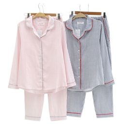 Nieuwe sexy mode gestreept pyjama sets vrouwen nachtkleding 100% gaas katoen Japanse plaid lange mouw homewear vrouwen pyjama y200708