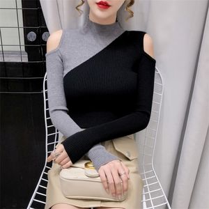 Sexy gebreide trui van schouderpullovers trui voor vrouwen lange mouw Turtleneck vrouwelijke jumper zwarte witte kleding 201221