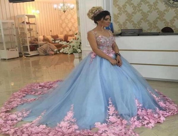 Nouveau sexy ciel bleu clair Quinceanera robe de bal robes col en V avec des fleurs florales roses dentelle appliques doux 16 grande taille bal Evenin9812606