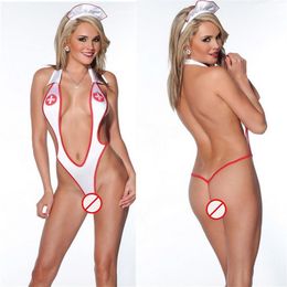 Nouveau sexy lingerie cosplay blanc fronde sangles profonde V infirmière tentation siamois trois points costume pôle danse creux cl240q