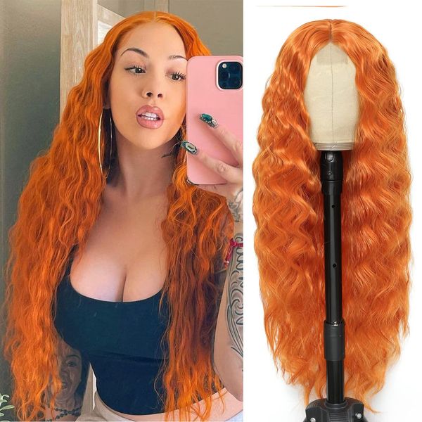 Nuevas pelucas de pelo sintético de fiesta de Cosplay para mujer de encaje ondulado rizado rizado naranja largo Sexy