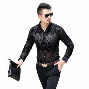 Nieuwe Sexy Mannelijke Holle Shirts Lg Mouw Bloemen Kleding Man See Through Dr Shirt Gratis Schip i1Bc #