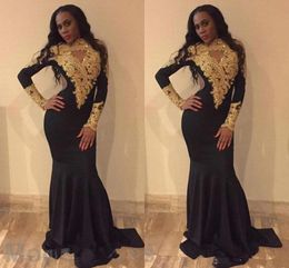 New Sexy Mermaid Evening Dresses Black Gold Appliques Long Sleeve Plus Size High Neck Sweep Train Arabic Formal Evening Party Gowns Custom