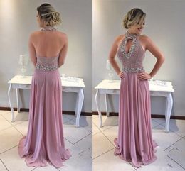 Nieuwe sexy prom -jurken High Neck Keyhole Chiffon Beading Crystal Open Back Long Plus Size Formal Party Dress Vestido avondjurken Dragen