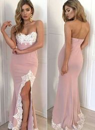 Nieuwe Sexy Prom Dresses Mermaid Sweetheart Applicaties Kant Slit Lange Prom Toga Roze Avond Feestjurk Robe de Soiree