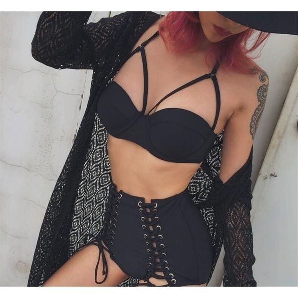 Nuevo Punk Bikinis Women Mujeres trajes de baño con cintura alta de cintura de natación Bikini Bikini Set Black Lace Up Swimwear T200508