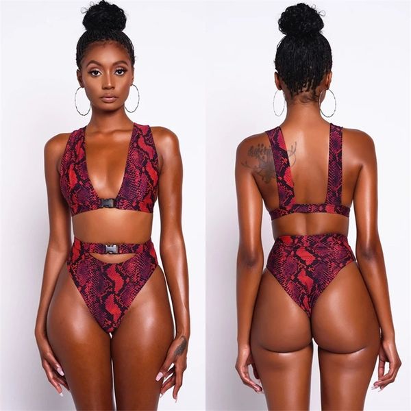 Nouveau sexy rouge serpent imprimé bikini boucle taille haute maillots de bain femmes col en V push up bikini maillot de bain femmes brésiliennes bikinis féminins 210305