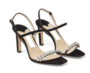 Nouveau Sexy Square Head Strass Open Toe High Heel Shoes avec des sandales en daim et designer gladiator noir pour femmes EU35-43 avec boîte