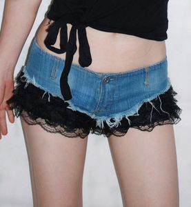 Nieuwe sexy low wait denim jeans voor dames blauw patchwork zwart kant bodycon tuniek shorts club dancing shorts SML