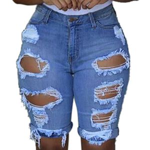 Nieuwe sexy dames dames denim skinny gescheurd gat vernietigd gedrapeerde stretch bodycon jeans slanke shorts