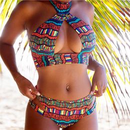 Nieuwe sexy vrouwen print bikini set push-up gevoerde beha hoge taille badpak baden badmode strand Afrikaanse zwempakken maillot de bain T200708