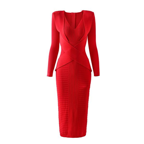 Nouvelles femmes sexy col en V à manches longues en tricot mince robe longue de haute qualité femme rouge Milan robes de piste Party Club vêtements pour femmes TG2