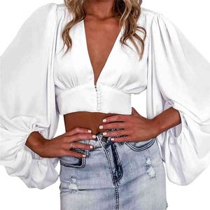 Nieuwe Sexy Dames V-hals Solid Shirt Puff Sleeve Crop Tops White Long Sleeve Blouse Dames Tops X0521
