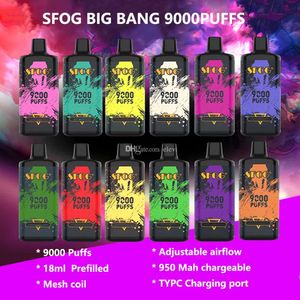 Nieuwe SFOG big bang wegwerppods 9000 soezen 18 ml Voorgevulde ecigs doos mod oplaadbare e-sigaretten 12 kleuren dampen pen