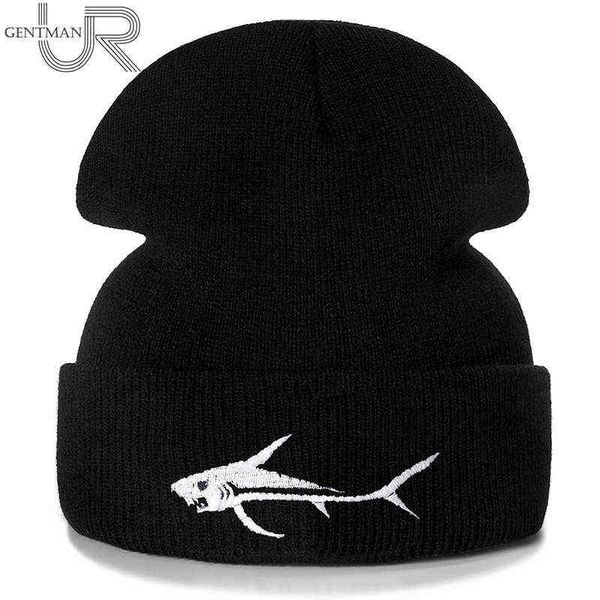Nuevo tiburón bordado casual sombreros de invierno para hombres mujeres cálido sombrero de punto color sólido streetwear beanie sombrero unisex sombrero de esquí Y21111