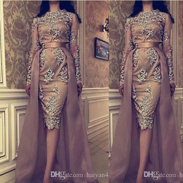 Vestidos de graduación de nuevo vaina de la joya Apliques de encaje con cuentas de cristal mangas largas con tren desmontable vestidos de fiesta de fiesta de talla grande desgaste 403