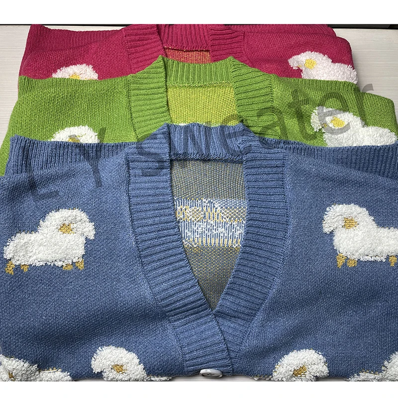 New Sheep Print Print Breakigen Sweater Cardigan Sweater coreano V pescoço grande bolso de malha solto de malha novas camadas grossas de weater