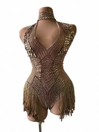 nieuwe glanzende gouden Rijnstes bodysuit sexy pailletten jumpsuit festival outfit avond prom pailletten kwastje verjaardag vieren kostuum 03zF #