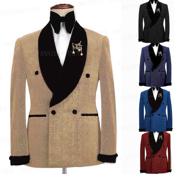 Nouveau brillant doré hommes costume double boutonnage gentleman bal smoking mariage marié robe costume veste et pantalon chanteurs performance ensemble x0909