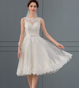 Nouveau court une ligne robe de mariée en tulle 2024 col bateau illusion dentelle appliques genou longueur robe de mariée sur mesure pour femme robe de noiva