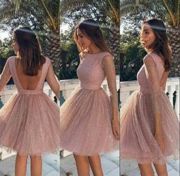 Nieuwe korte goedkope mini sexy lovertjes blush roze homecoming bling pailletten kanten backless feestjurk afstuderen jurken staartjurken es