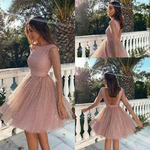 Sparkly Sequined Blush Pink Homecoming Dresses with Lace Open Back for Party and Graduation