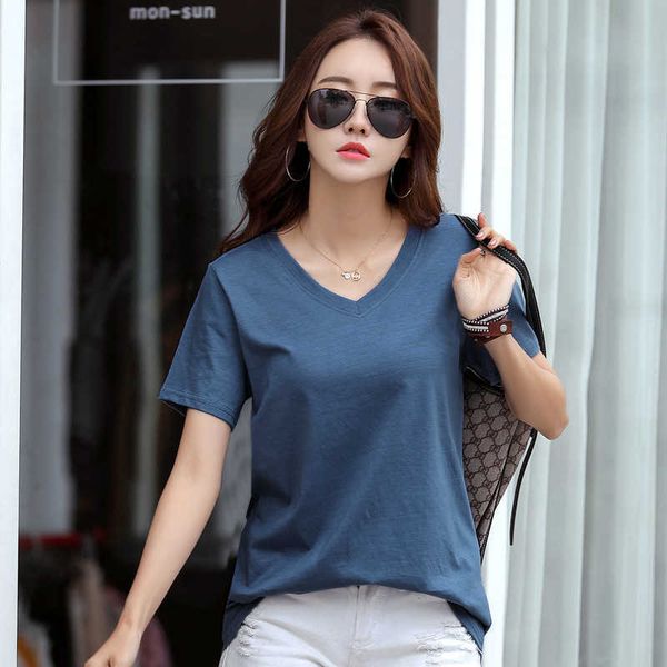 Nueva camiseta de manga corta de algodón Simple adelgazante suelta coreana con cuello en V grande para mujer Top inferior