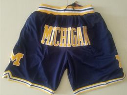 Nieuwe Shorts Team College Michigan Wolverines Vintage Bodeketball Shorts Rits Pocket Running Kleding Navy en Geel Just Gedaan Grootte S-XXL