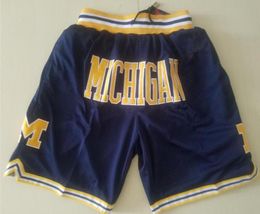 Nieuwe shorts Team College Michigan Wolverines Vintage Baseketball shorts met ritssluiting Hardloopkleding marineblauw en geel Net gedaan maat9202698