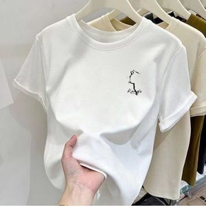 Nieuw schouder-T-shirt van puur katoen met korte mouwen voor dames, veelzijdige en afslankende top met een niche-ontwerp