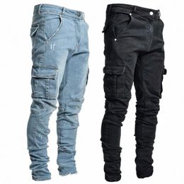 Nieuwe Zijzak Cargo Stretch Jeans Mannen Potlood Broek Casual Cott Ripped Jeans Verdeelde Gat Fi Solid Skinny Denim broek J30S #