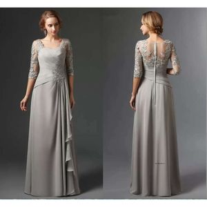 New Sier Mother of the Bride Dresses A-Line Halk Sanges Garfon Lace Plus Tamaño largo Elegante Boda de boda de novio 0509