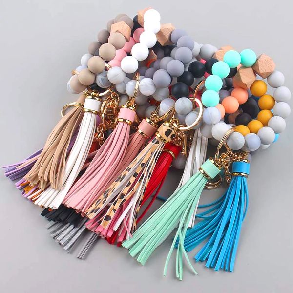 Nouveau porte-clés en Silicone bricolage clé gland bois perles Bracelet porte-clés fille femmes accessoires multicolore porte-clés en gros offre spéciale