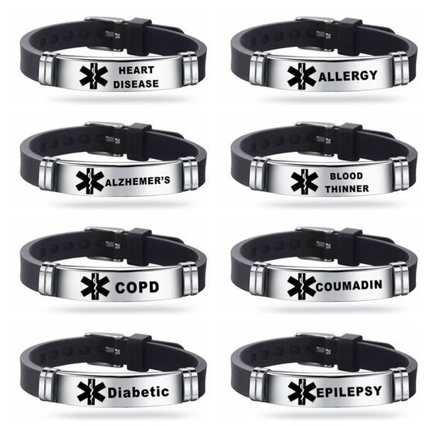 Nouveaux bracelets d'identification d'alerte médicale en silicone pour hommes femmes Bracelet à graver en acier inoxydable DIABÈTE maladie grave rappel d'urgence bijoux