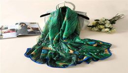 Nieuwe zijden sjaals Women Lurxury Brand Print Peacock Feathers Silk Foulard Scarf Shawl Wraps Accessoires 20171830930