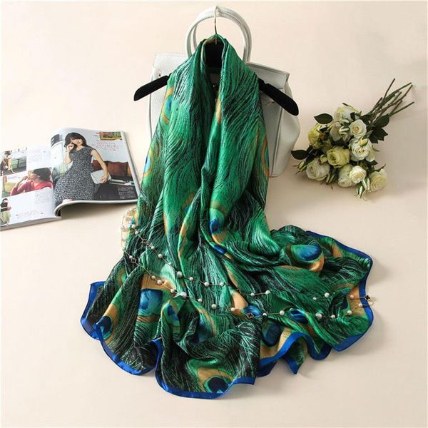 Nouveau foulards en soie femmes Lurxury marque imprimer plumes de paon soie Foulard écharpe châle enveloppe accessoires 2017256A