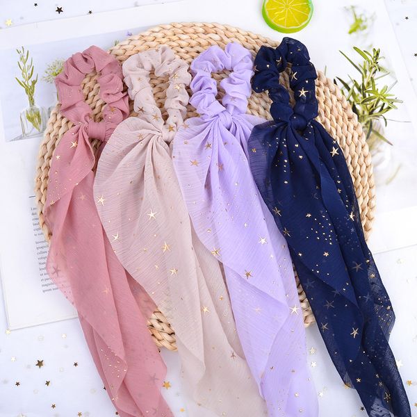 New Silk Star Bow Scrunchies Chiffon Tailing Hair Cord For Woman Girls Daily All-match Elástico Headwear Acessórios de Cabelo